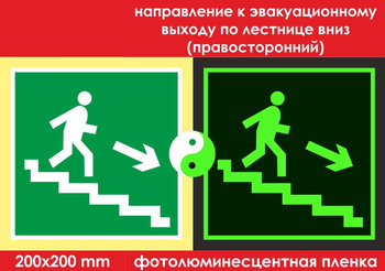 E13 направление к эвакуационному выходу по лестнице вниз (правосторонний) (ГОСТ 34428-2018, фотолюминесцентная пленка, 200х200 мм) - Знаки безопасности - Фотолюминесцентные знаки - Магазин охраны труда ИЗО Стиль